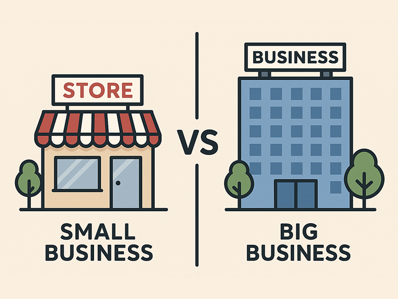 A photo of a small business next to a large business.